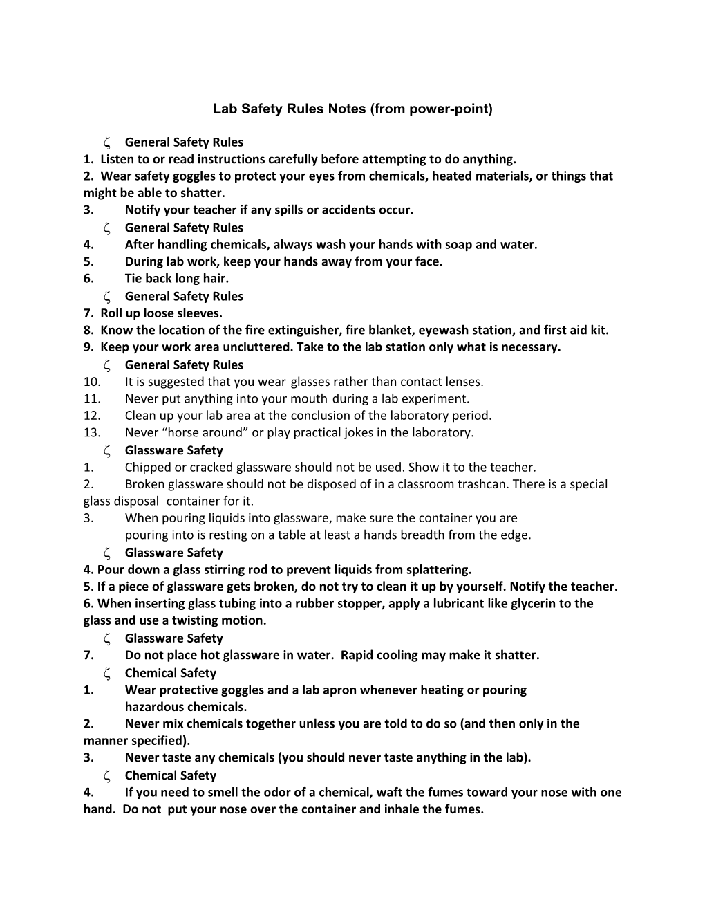 Lab Safety Rules Notes (From Power-Point)