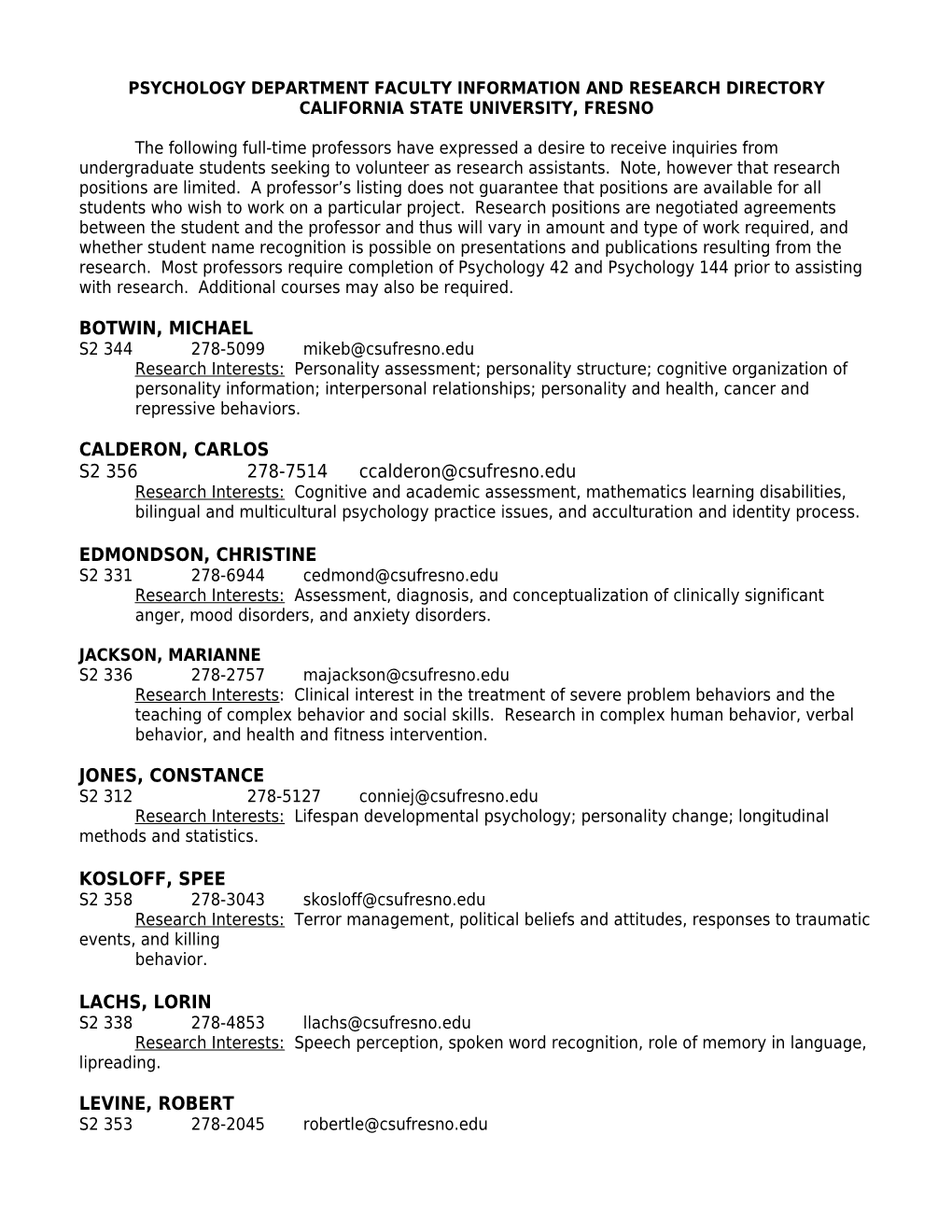 Psychology Department Faculty Information and Research Directory