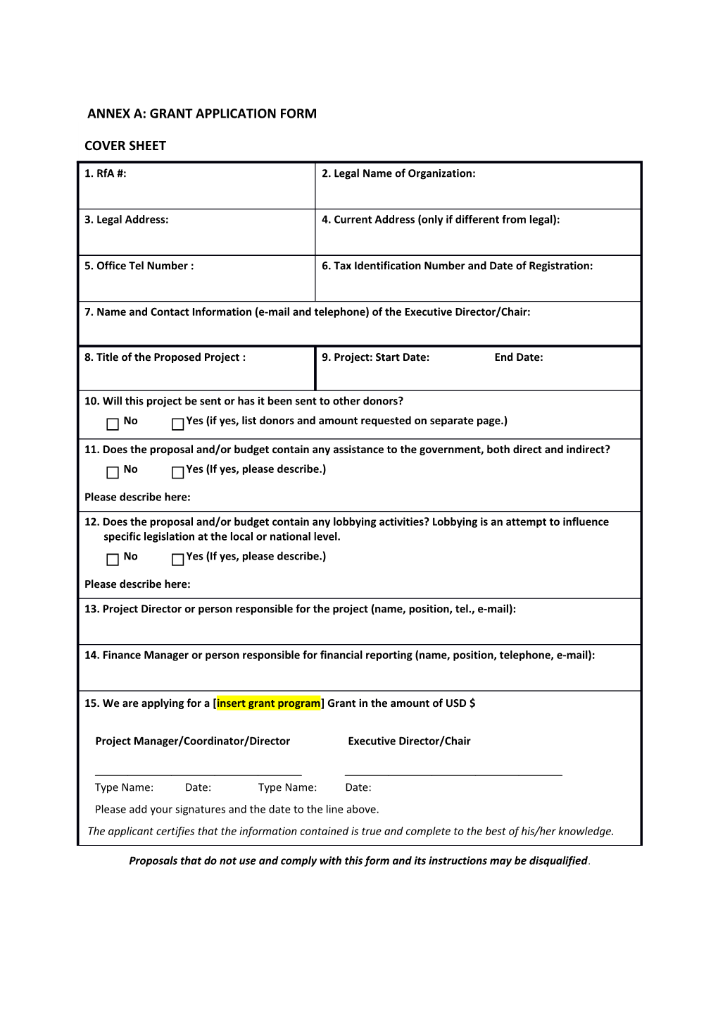 Annex A: Grant Application Form