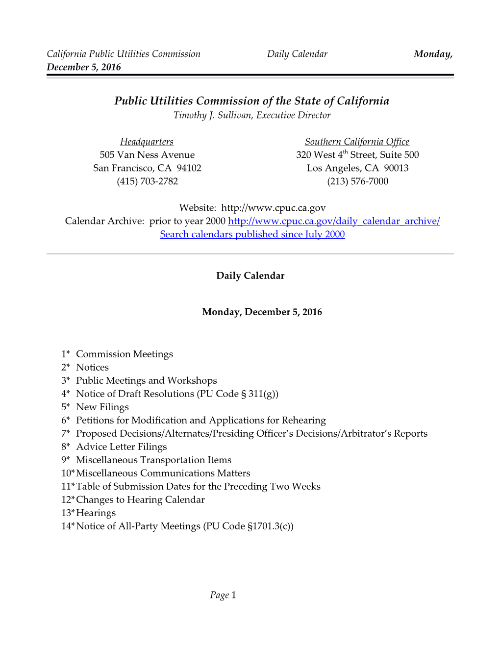 California Public Utilities Commission Daily Calendar Monday, December 5, 2016