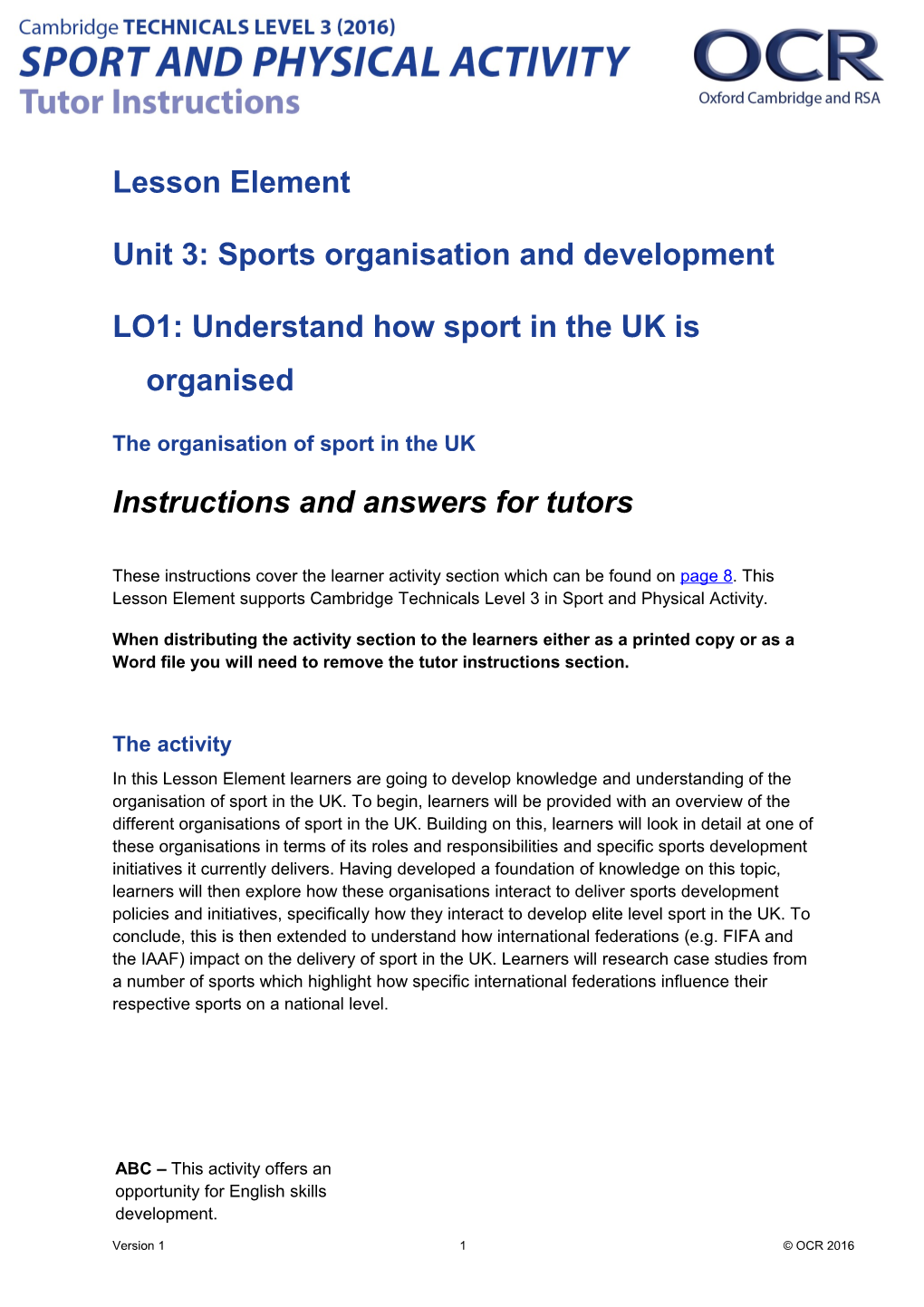 Cambridge Technicals Level 3 Sport and Physical Activity U03 Lesson Element 1