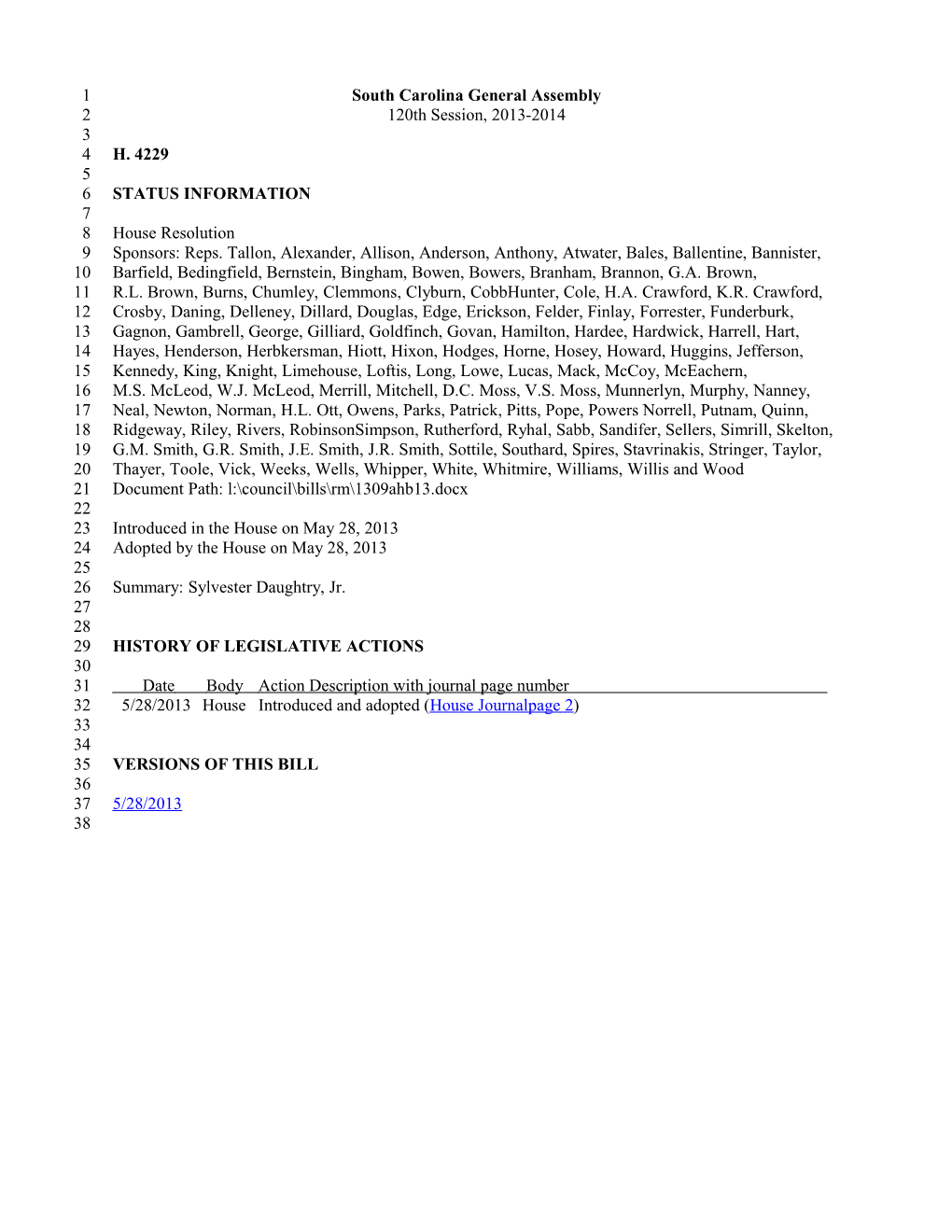 2013-2014 Bill 4229: Sylvester Daughtry, Jr. - South Carolina Legislature Online