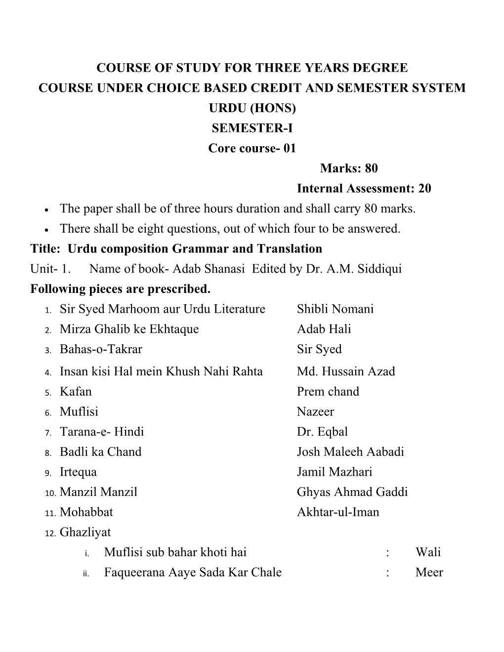 Course Under Choice Based Credit and Semester System