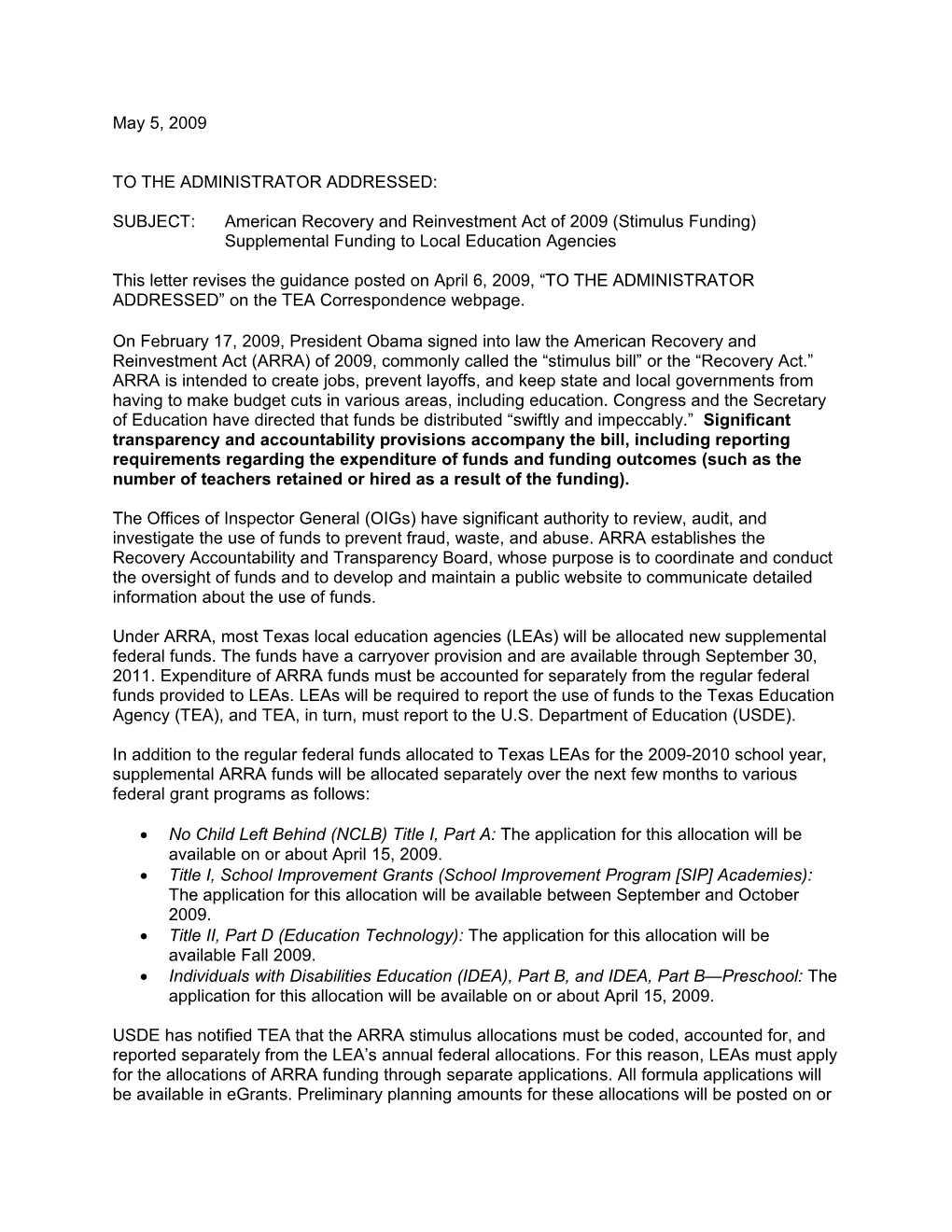 SUBJECT:American Recovery and Reinvestment Act of 2009 (Stimulus Funding)