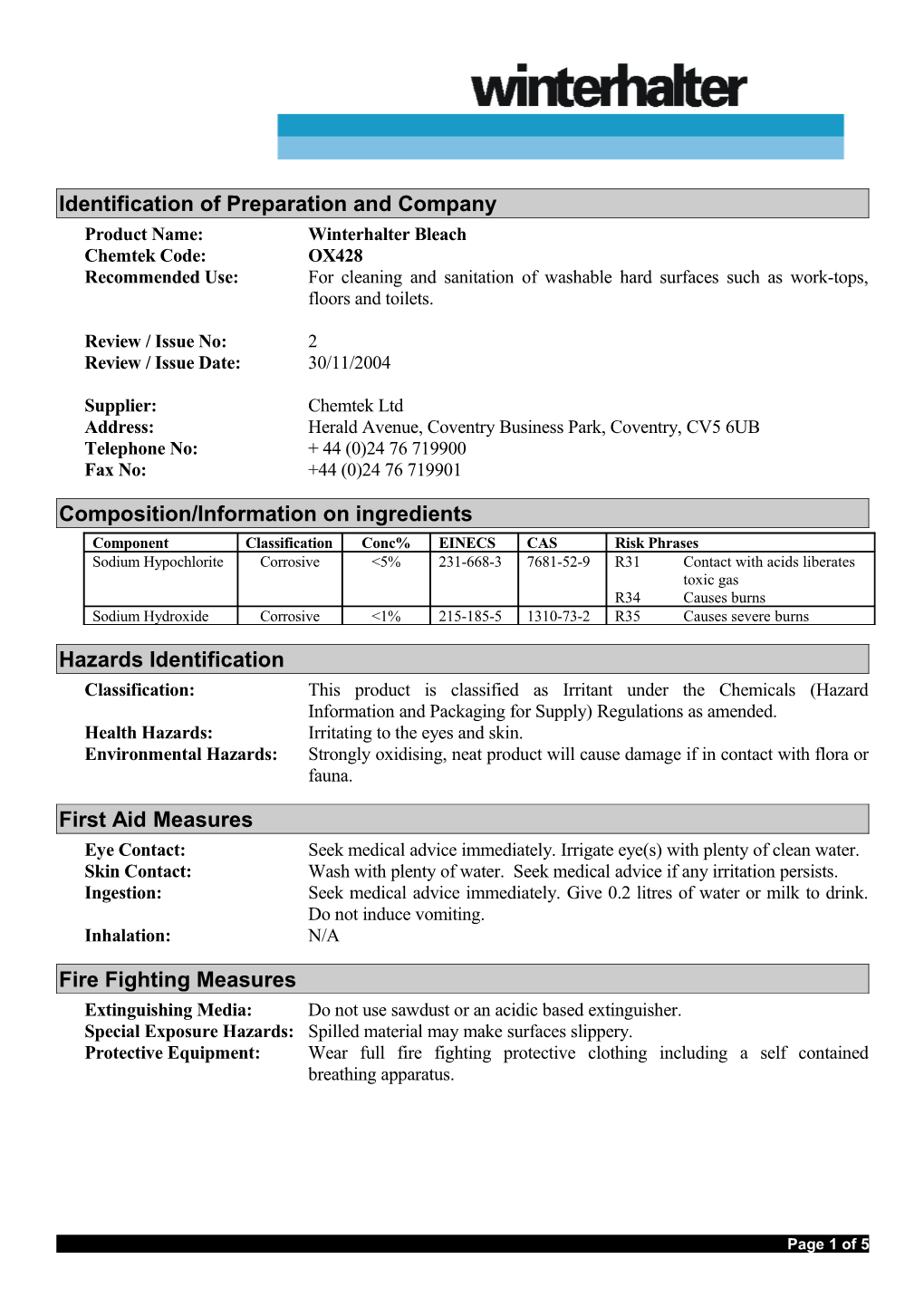 Identification of Preparation and Company