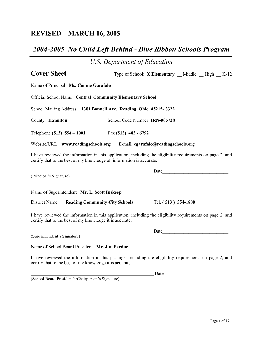 Central Community Elementary School Application: 2004-2005, No Child Left Behind - Blue