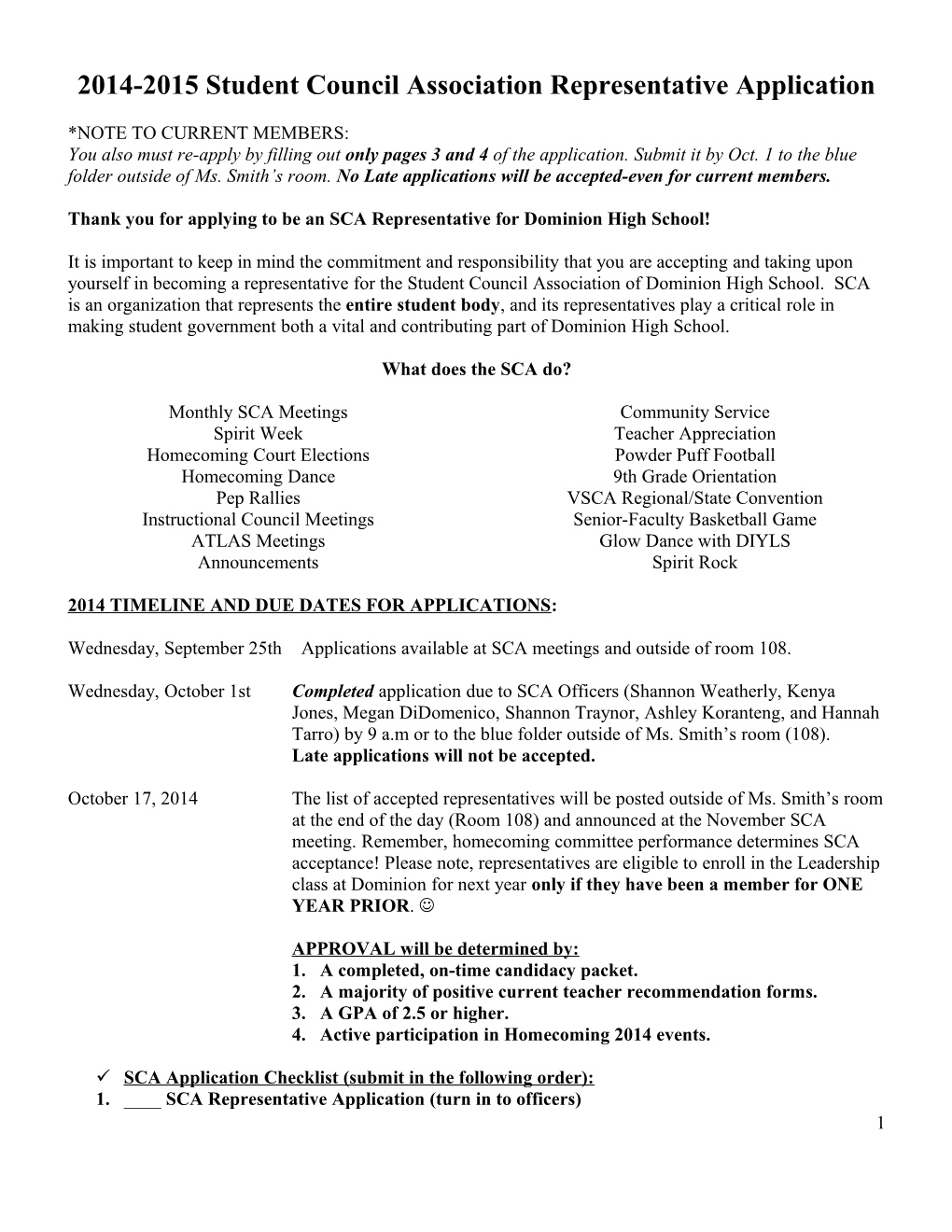 2014-2015 Student Council Association Representative Application