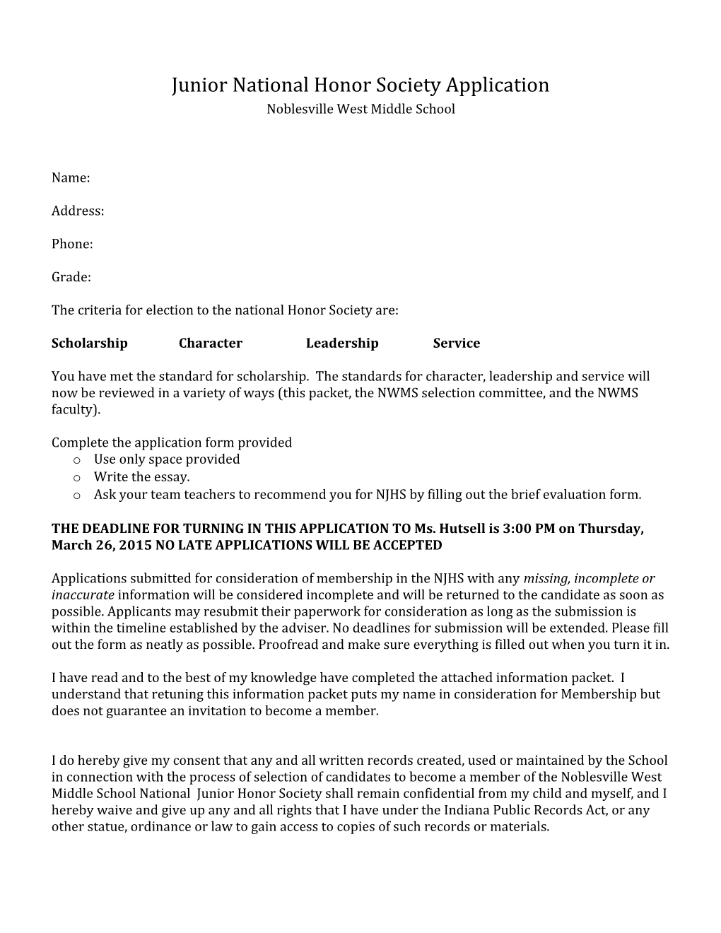 Junior National Honor Society Application