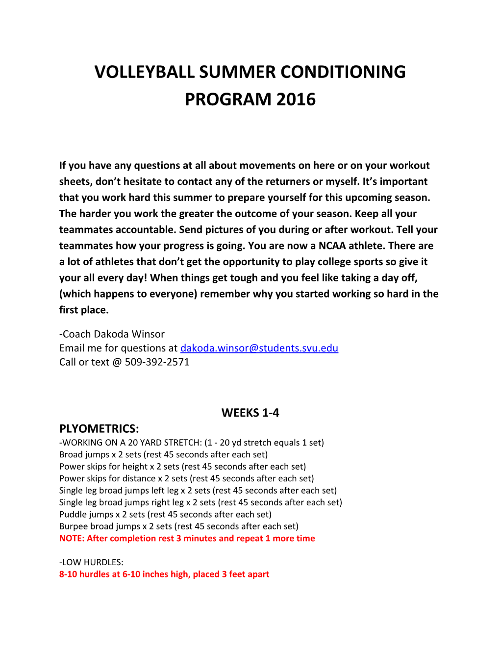 Volleyball Summer Conditioning Program 2016