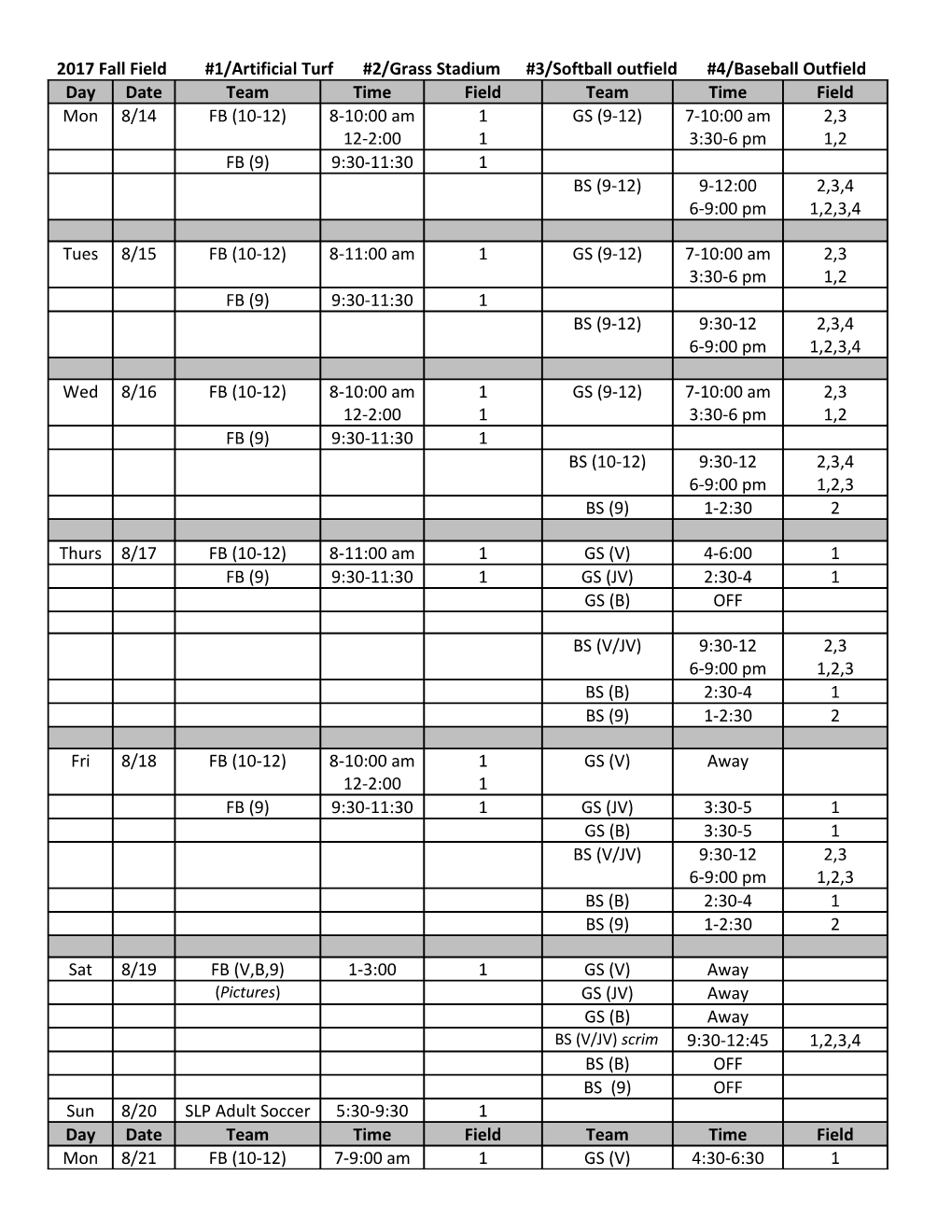 2017 Fall Field #1/Artificial Turf #2/Grass Stadium #3/Softball Outfield #4/Baseball Outfield