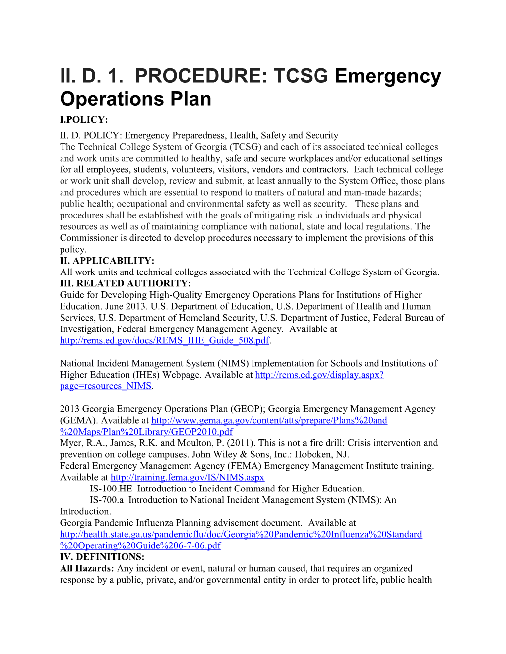 II. D. 1. PROCEDURE: TCSG Emergency Operations Plan