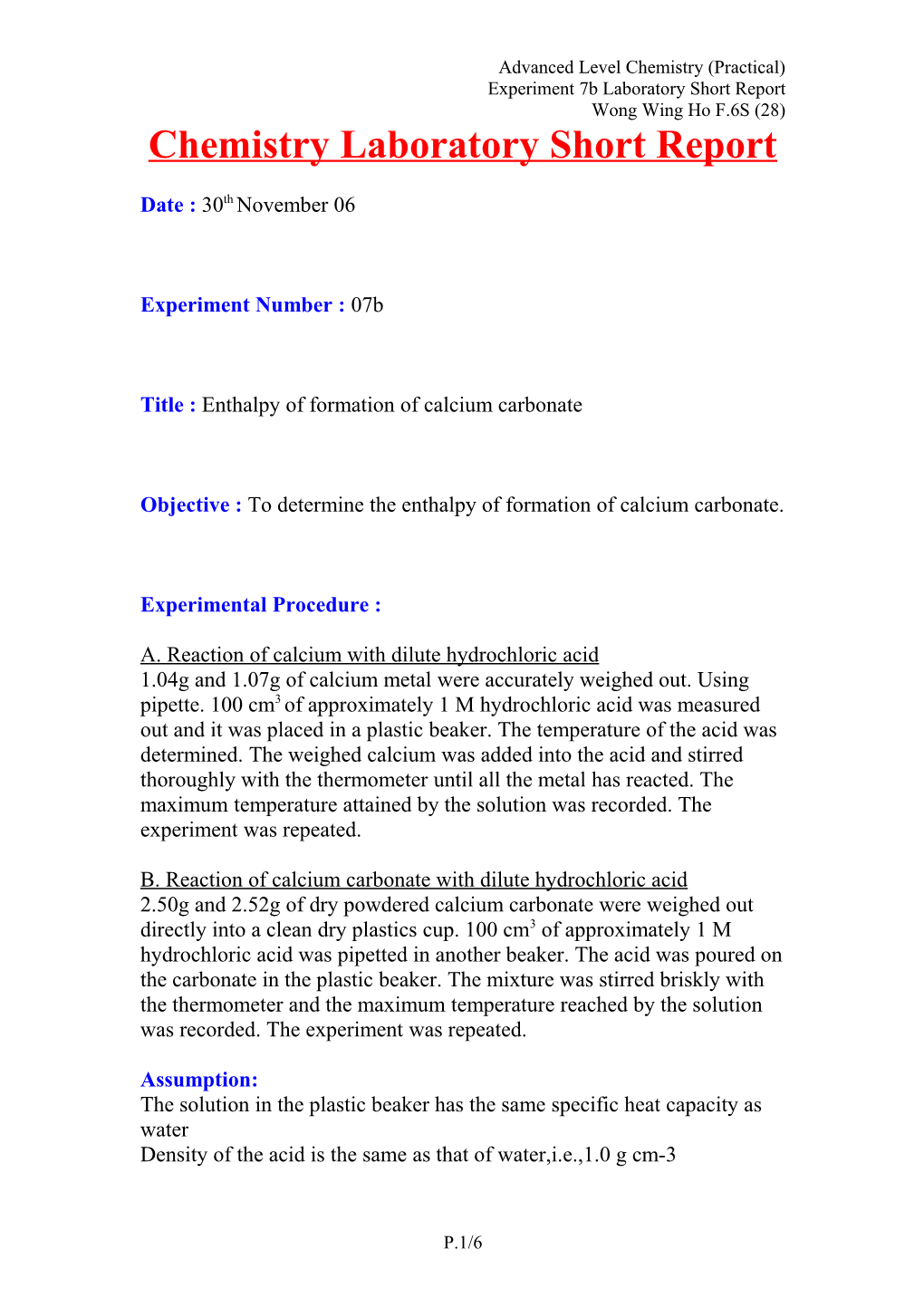 Chemistry Laboratory Short Report