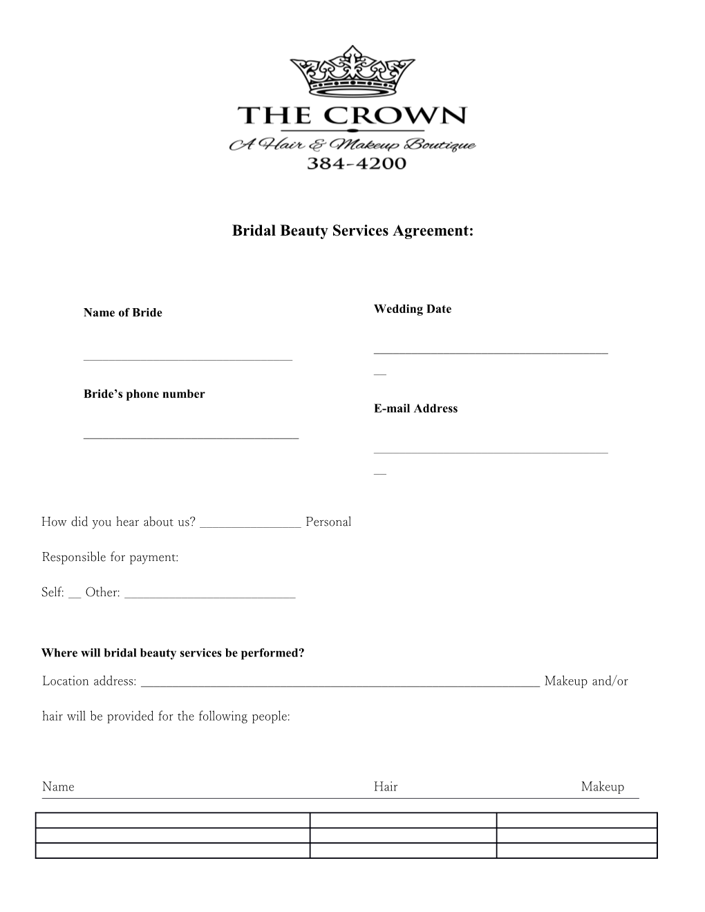 Bridal Beauty Services Agreement