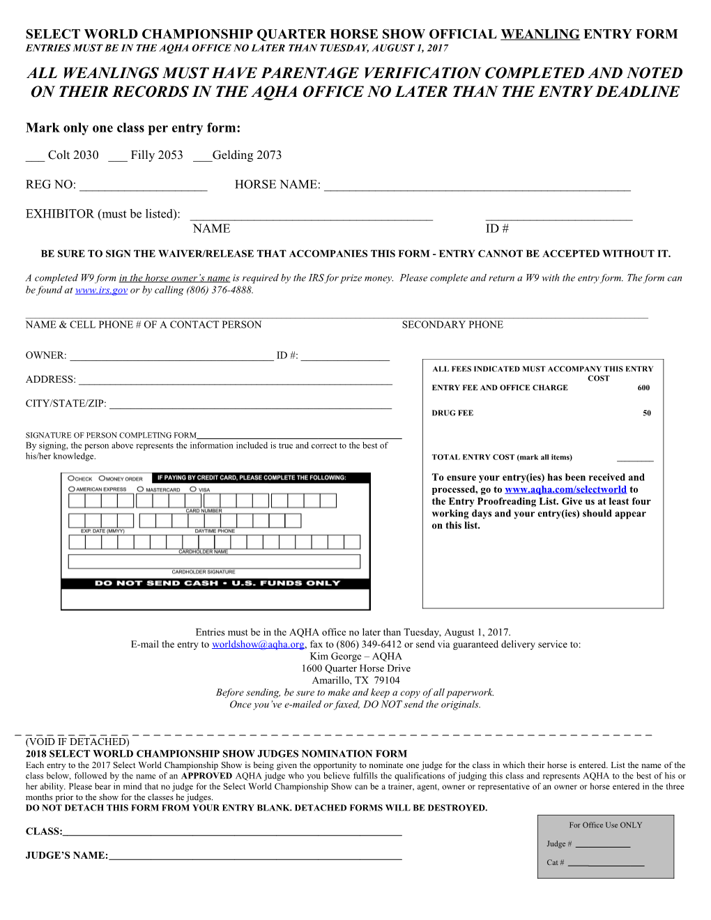 Bayer Select World Championship Quarter Horse Show Official Entry Form