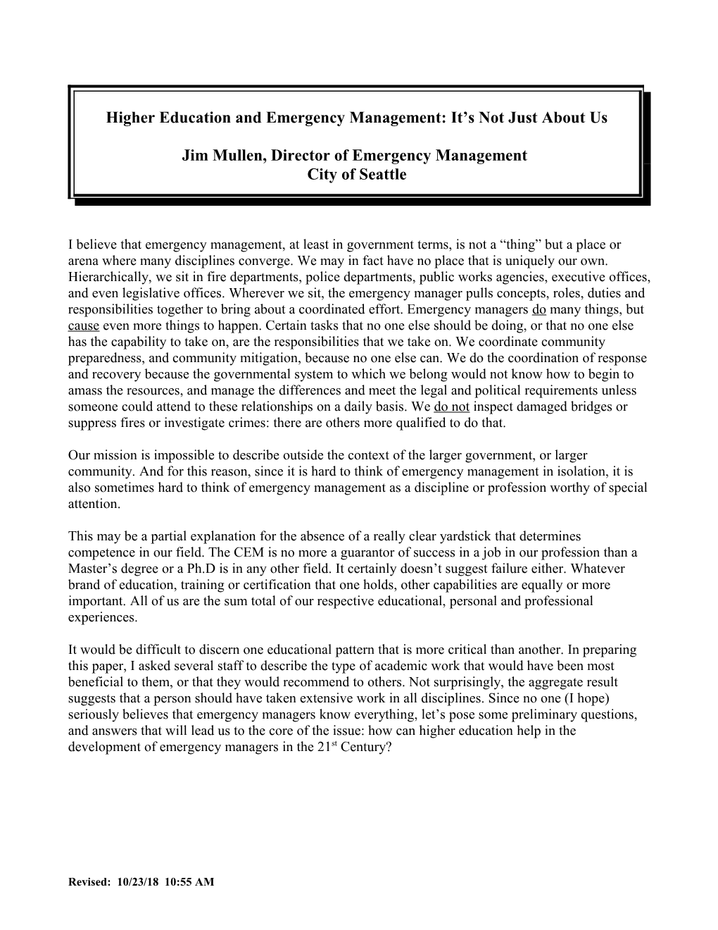 Notes for Higher Education Conference Paper