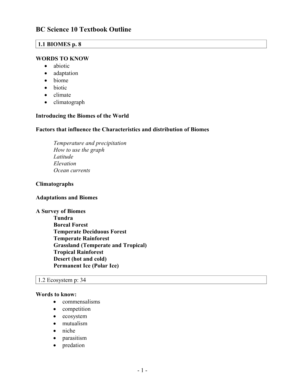 BC Science 10 Textbook Outline