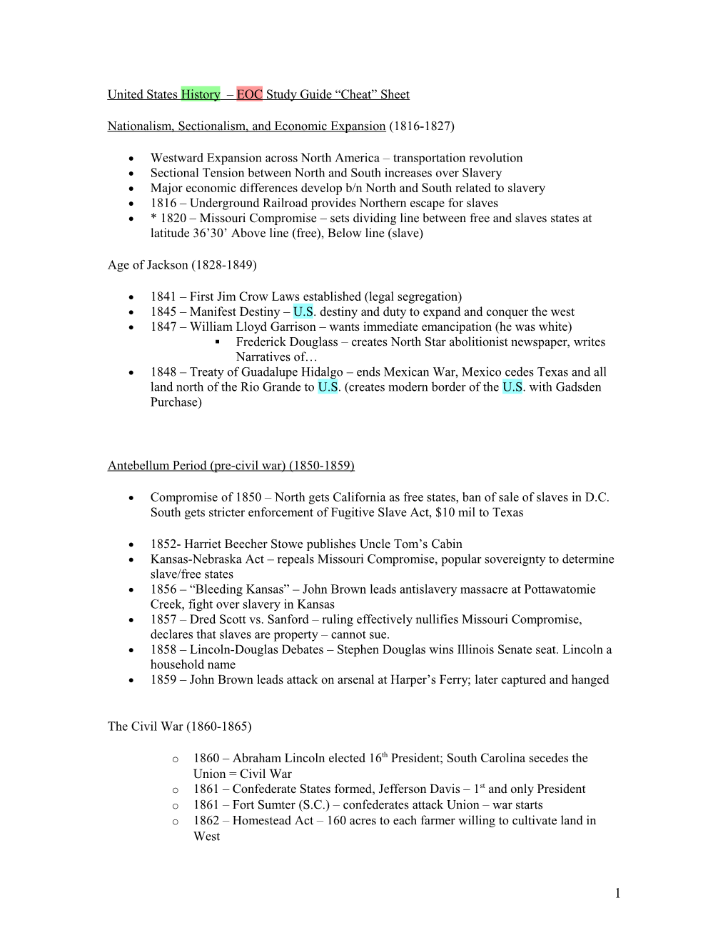 United States History Honors EOC Study Guide Cheat Sheet Mr