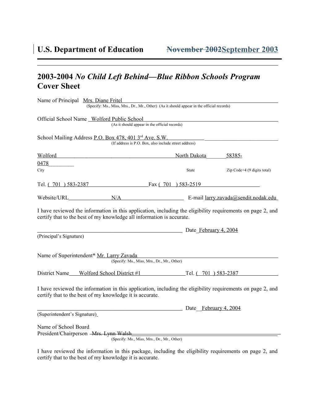 Wolford Public School 2004 No Child Left Behind-Blue Ribbon School Application (Msword)