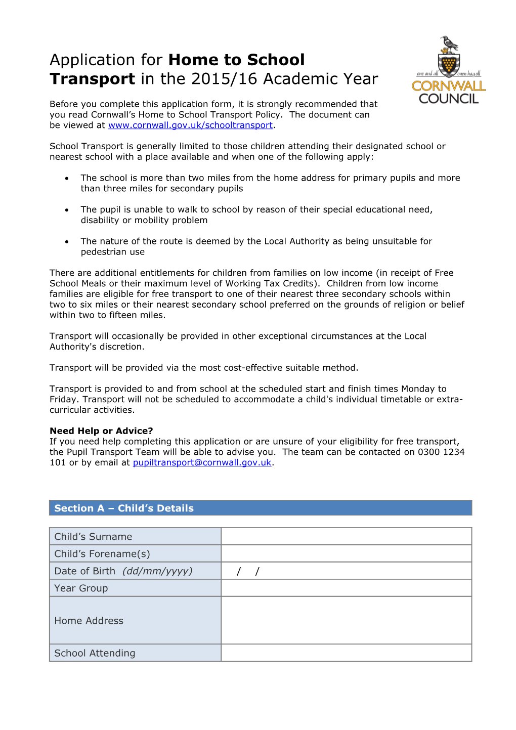 Application for Home to School Transport