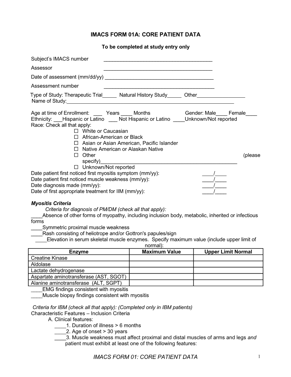 IMACS Form 01A: Core Patient Data