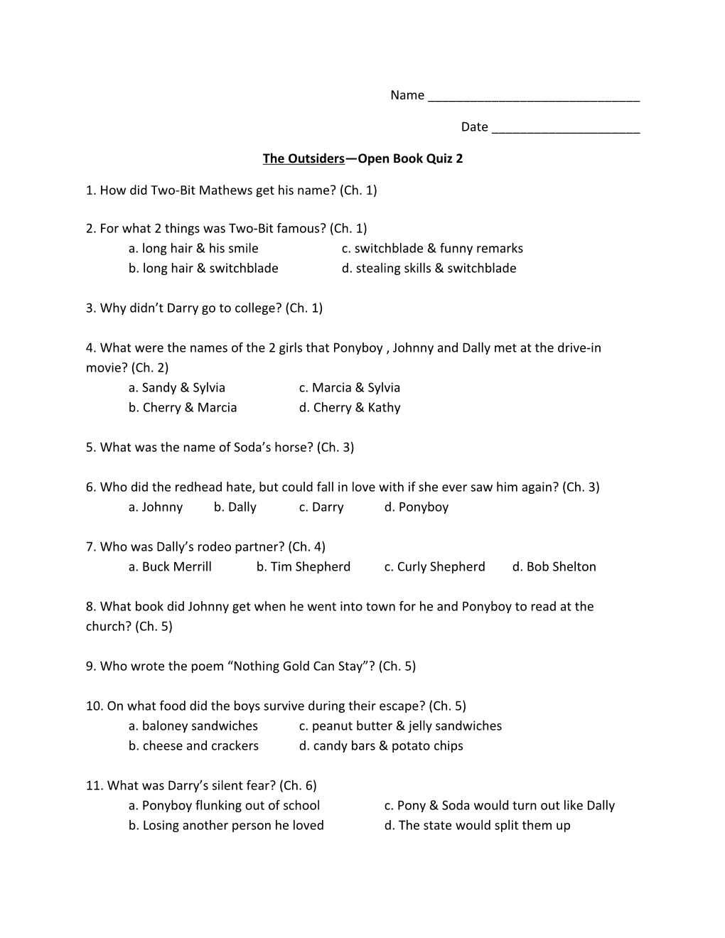 The Outsiders Open Book Quiz 2