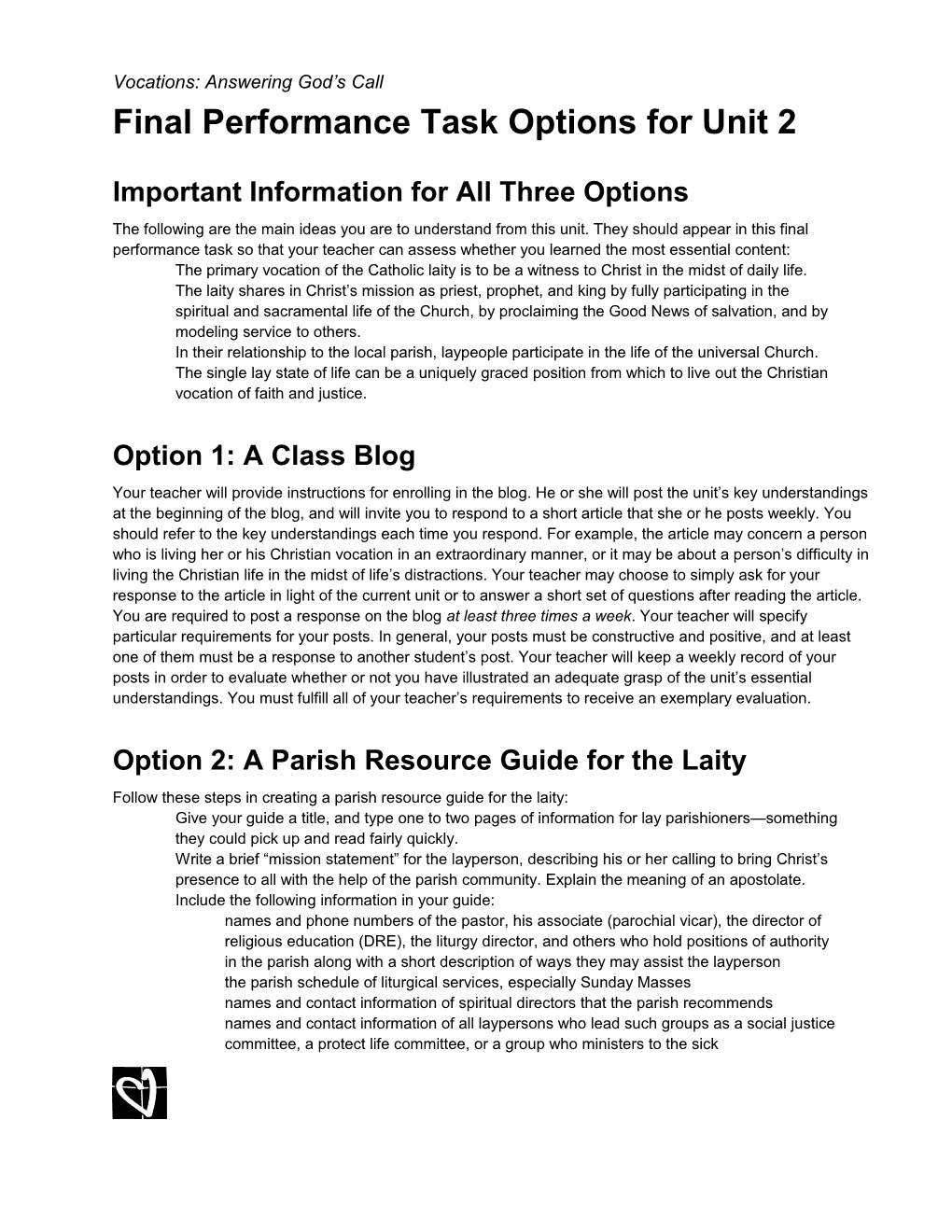 Final Performance Task Options for Unit 2 Page 1