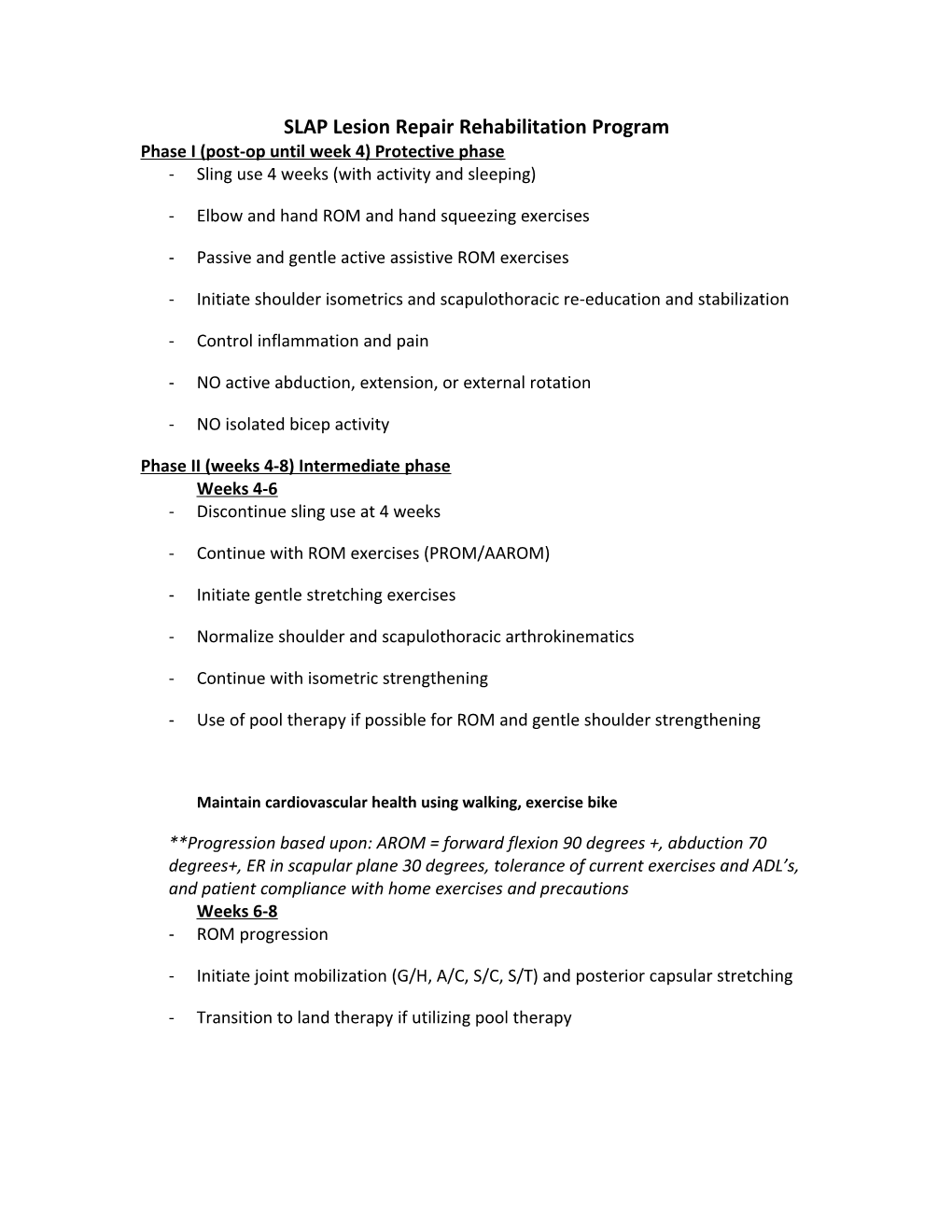 SLAP Lesion Repair Rehabilitation Program