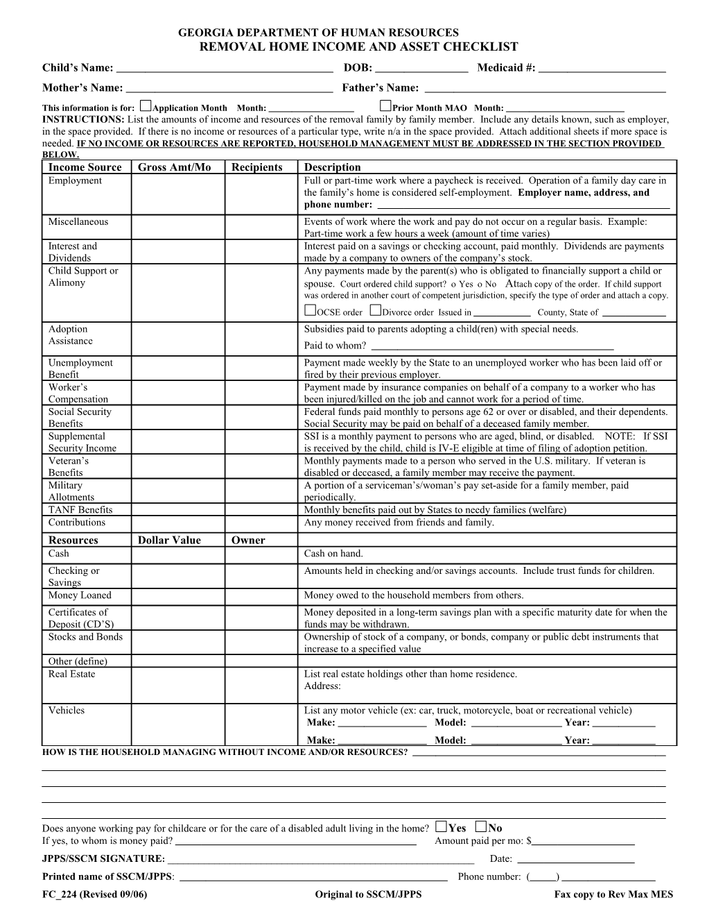 Removal Home Income and Asset Checklist