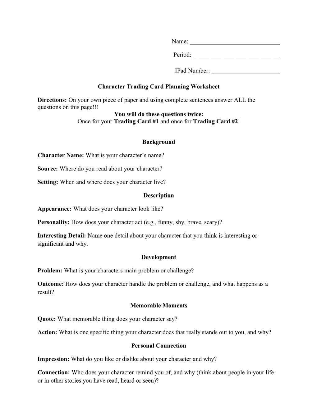 Character Trading Card Planning Worksheet
