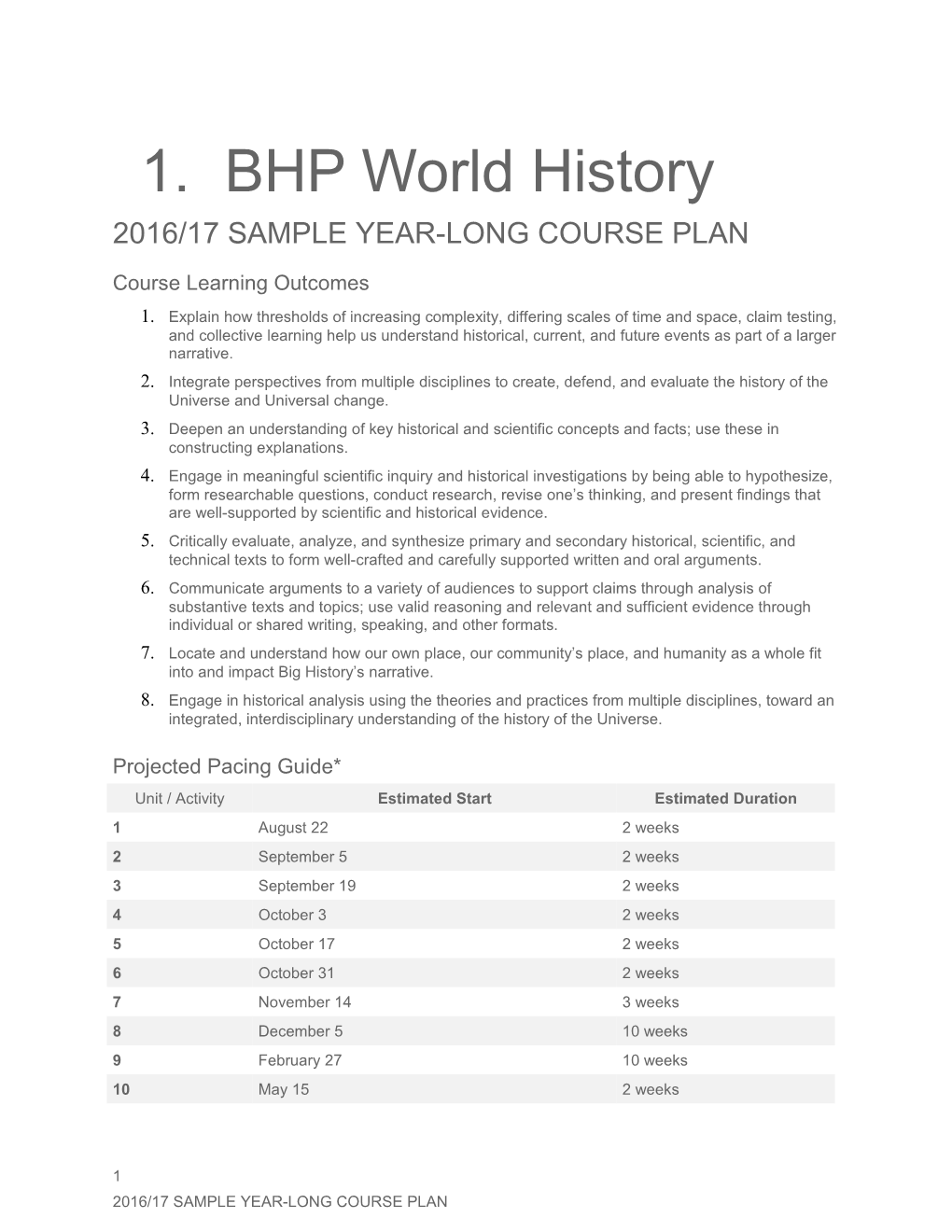 Big History Project - Sample Semester-Long Course Plan