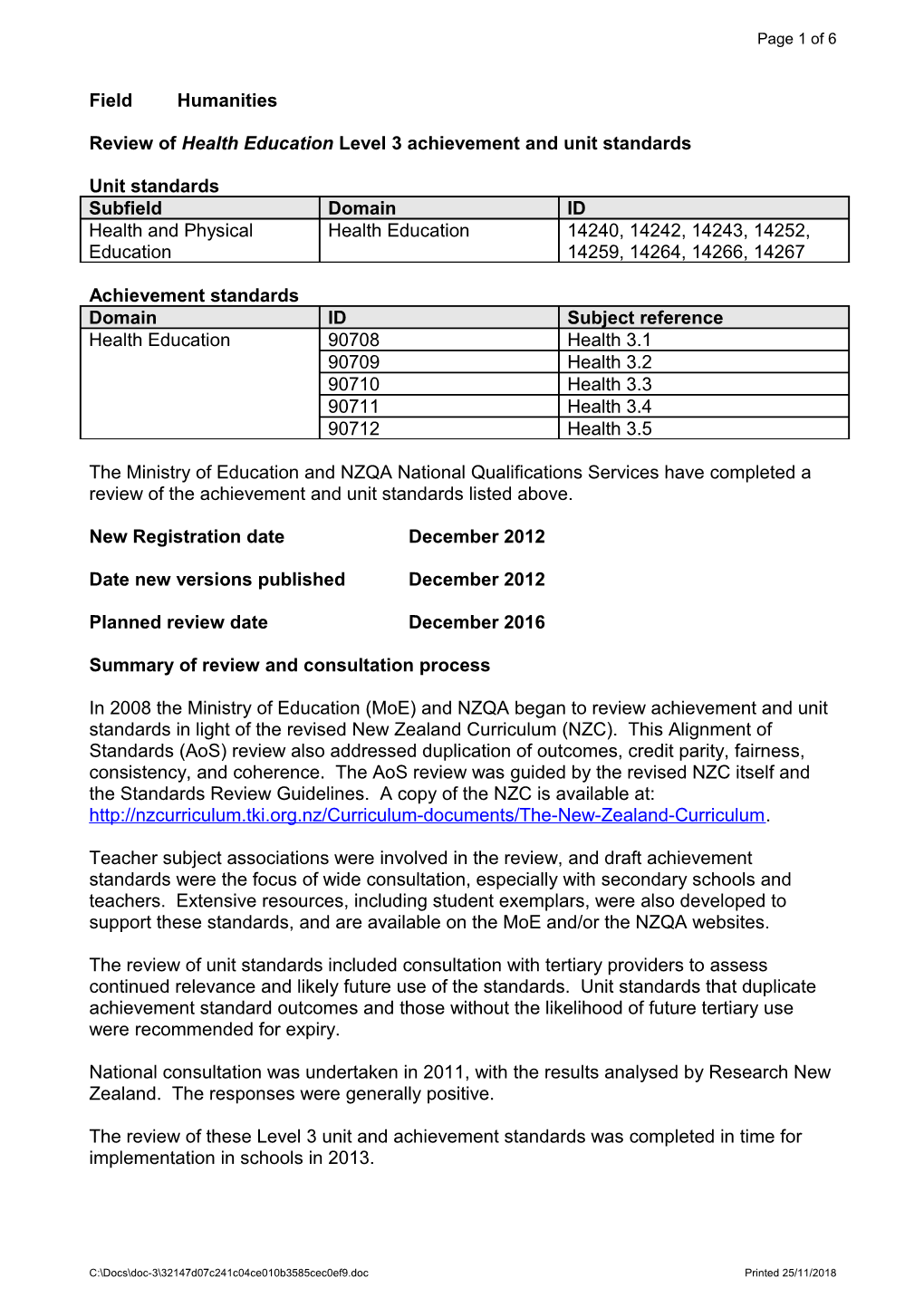 Review of Health Education Level 3 Achievement and Unit Standards