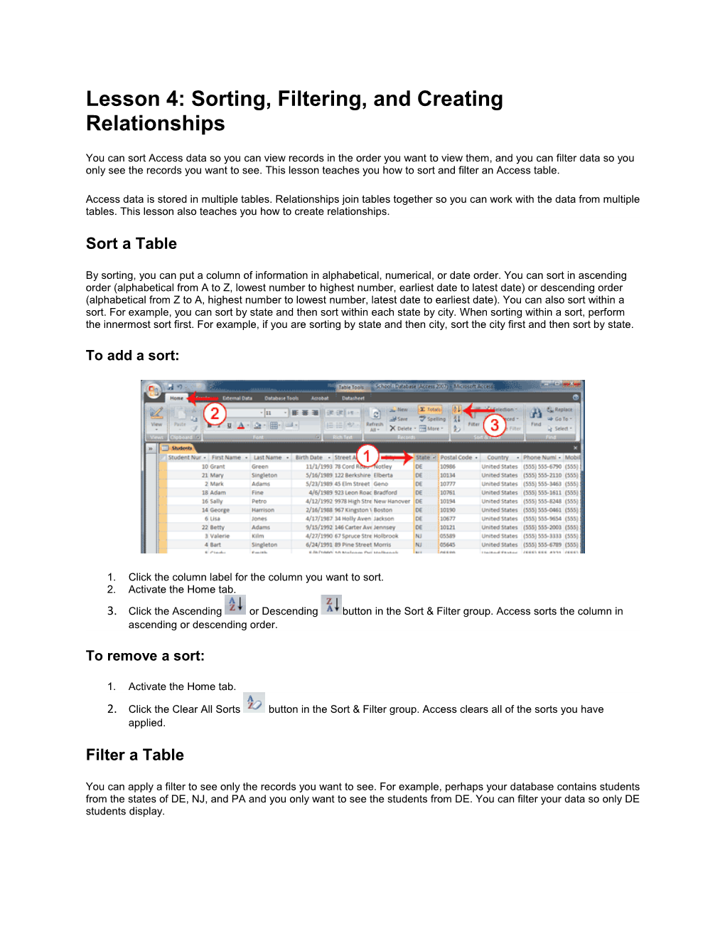 Lesson 4: Sorting, Filtering, and Creating Relationships