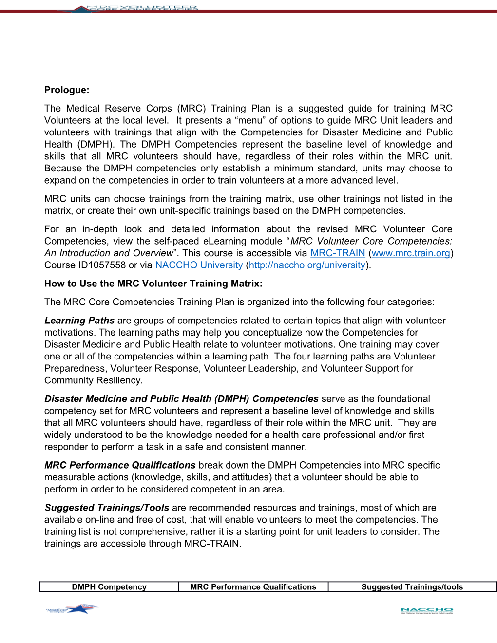 How to Use the MRC Volunteer Training Matrix