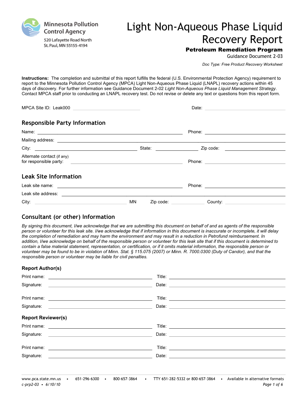 Light Non-Aqueous Phase Liquid Recovery Report - Form