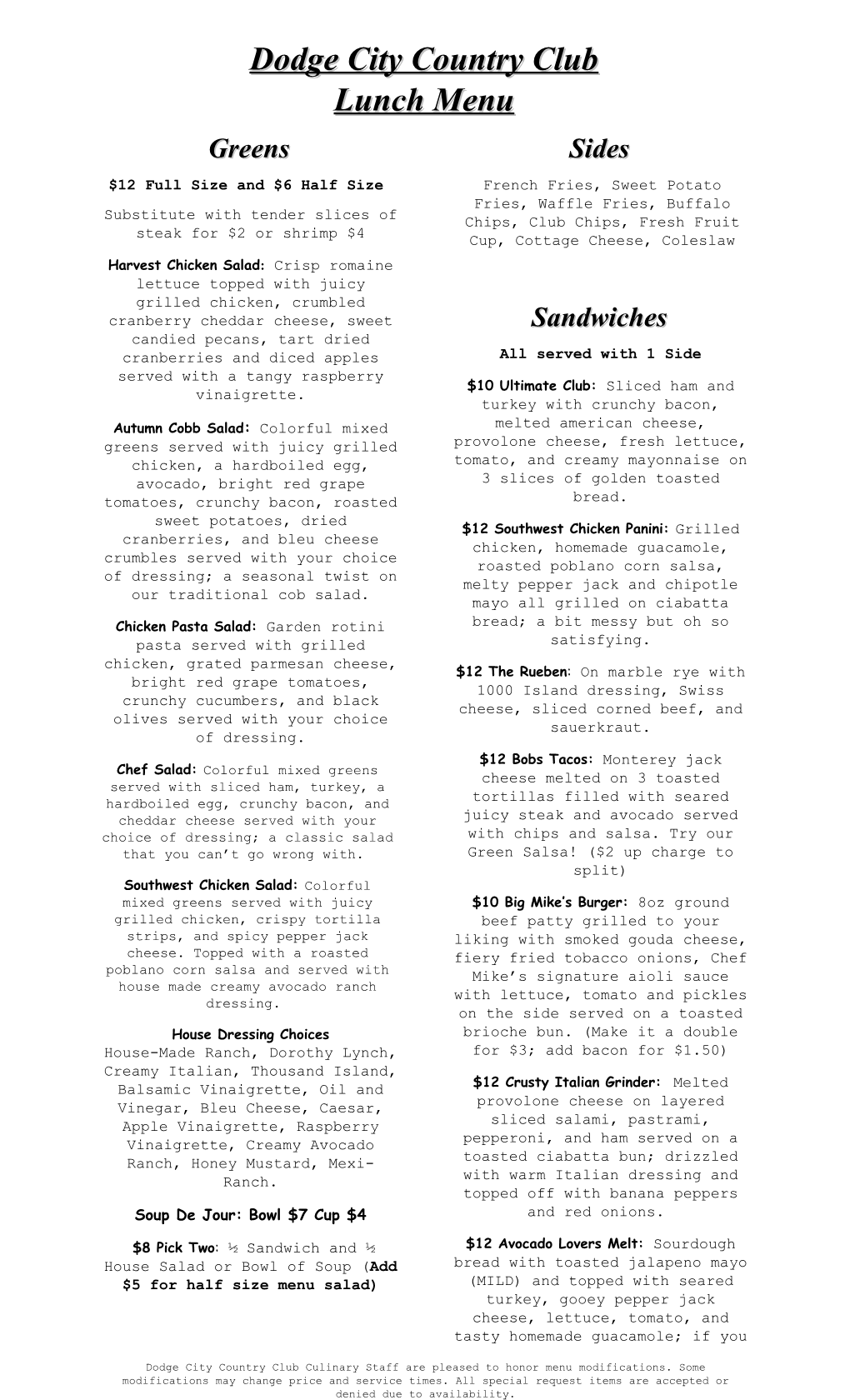 Dodge City Country Club Lunch Menu