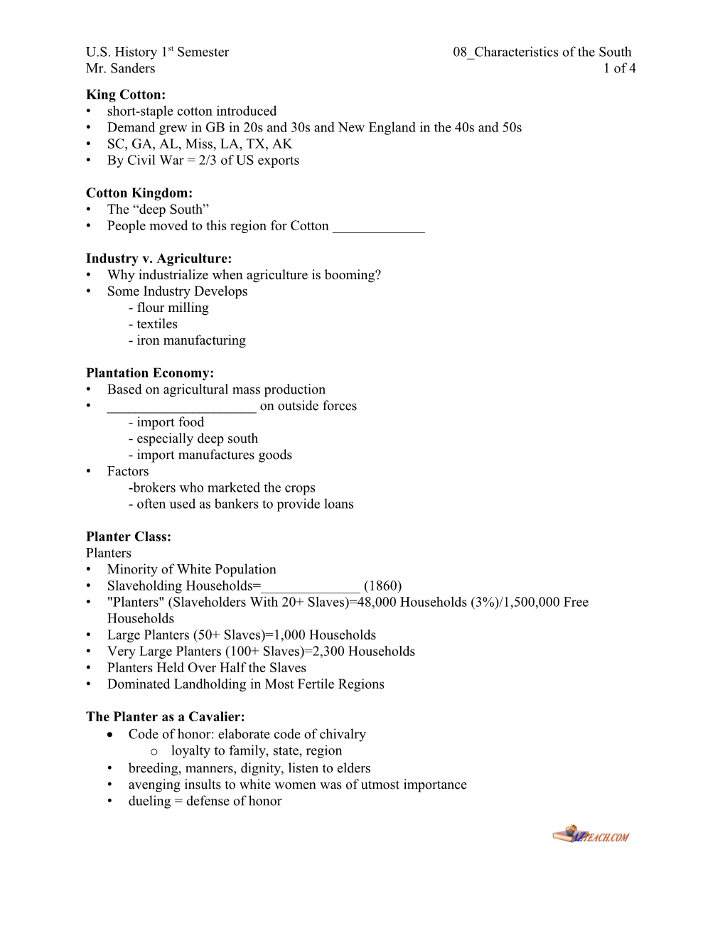 U.S. History 1St Semester 08 Characteristics of the South