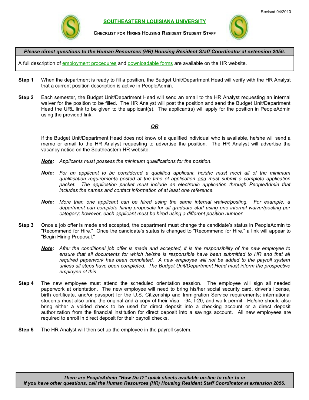 Checklist for Hiringhousing Residentstudent Staff