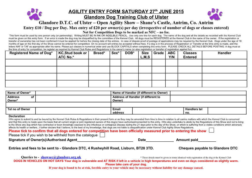 Agility Entry Form 15Th June 2007