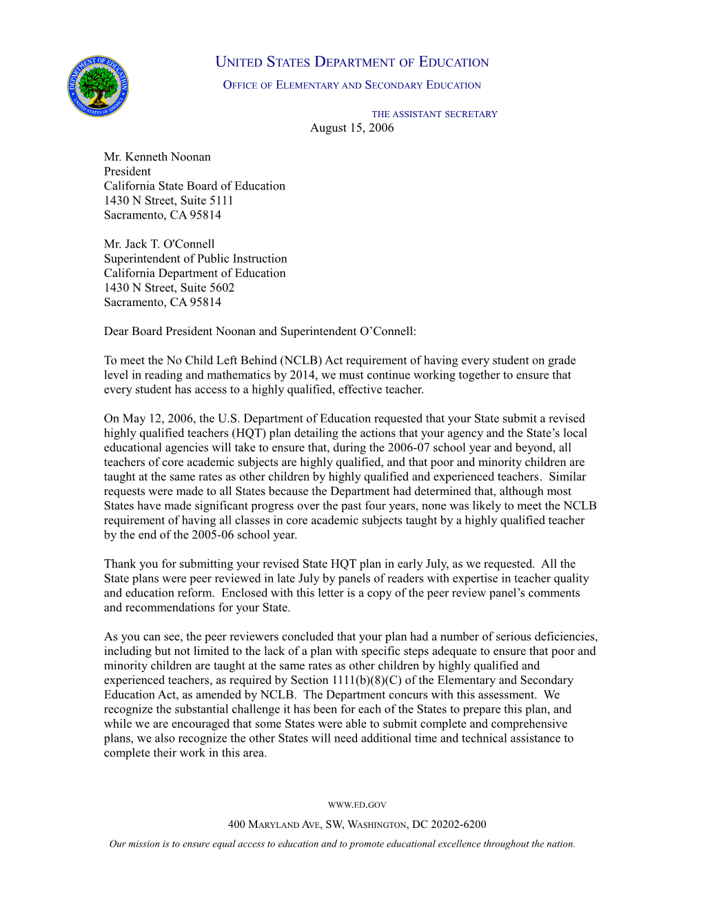 California Letter to Chief State School Officer Regarding the Peer Review Comments of The