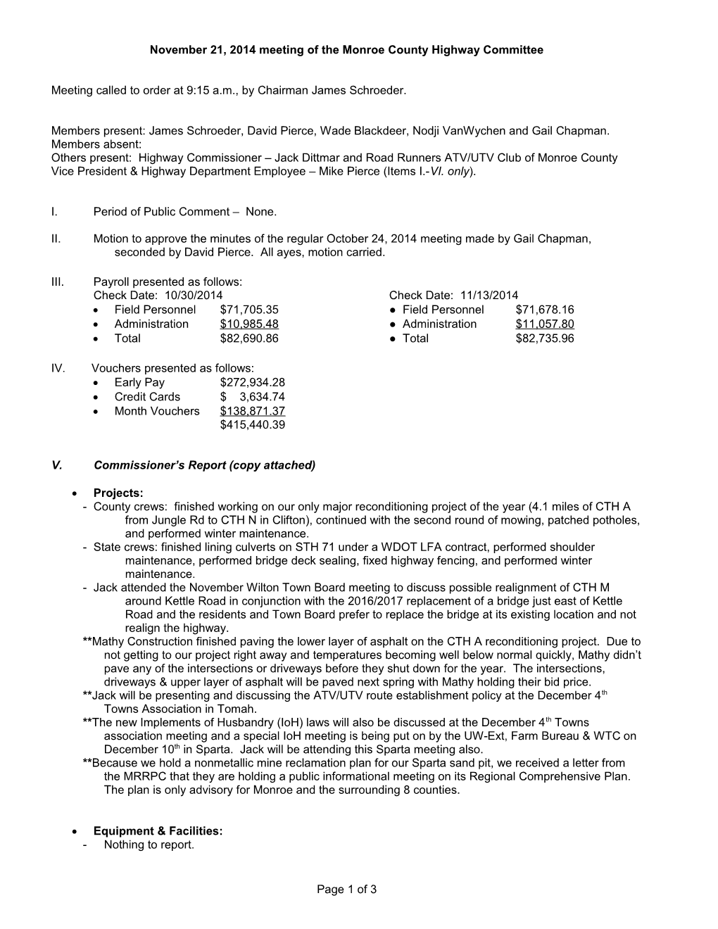 November 21, 2014 Meeting of the Monroe County Highway Committee