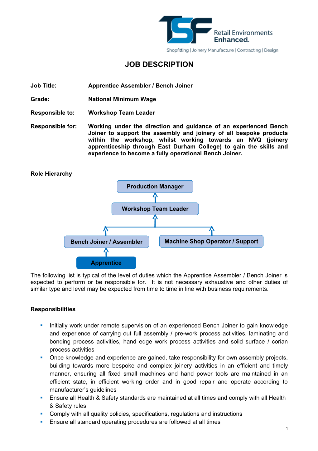 Job Title:Apprentice Assembler / Bench Joiner