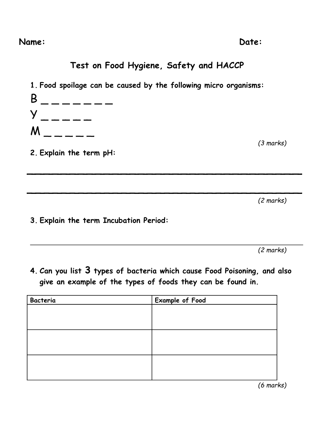 Test on Food Hygiene, Safety and HACCP