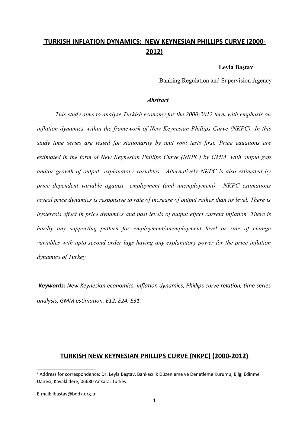 Turkish Inflation Dynamics: New Keynesian Phillips Curve (2000-2012)