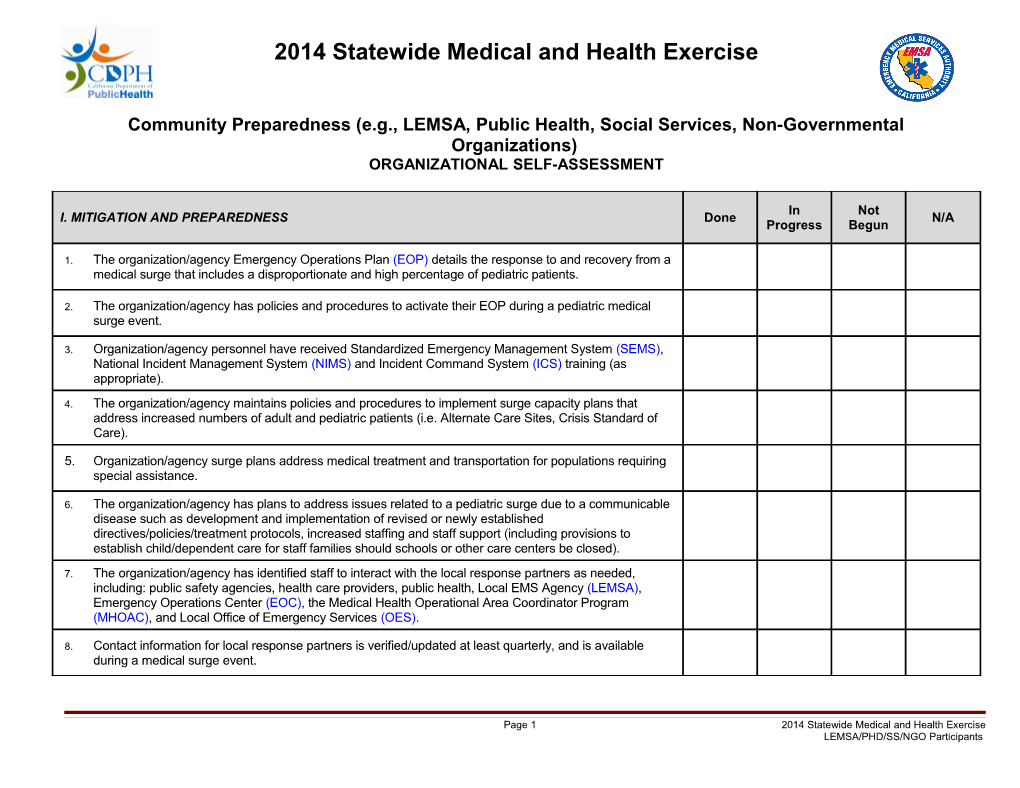 Community Preparedness (E.G., LEMSA, Public Health, Social Services, Non-Governmental