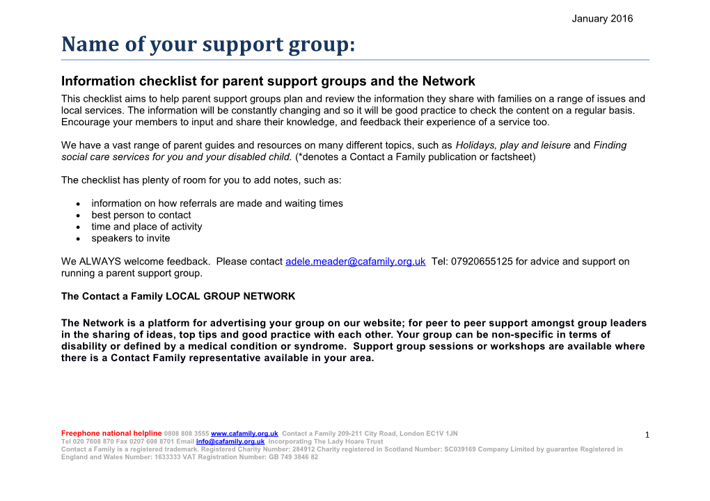 Information Checklist for Parent Support Groups