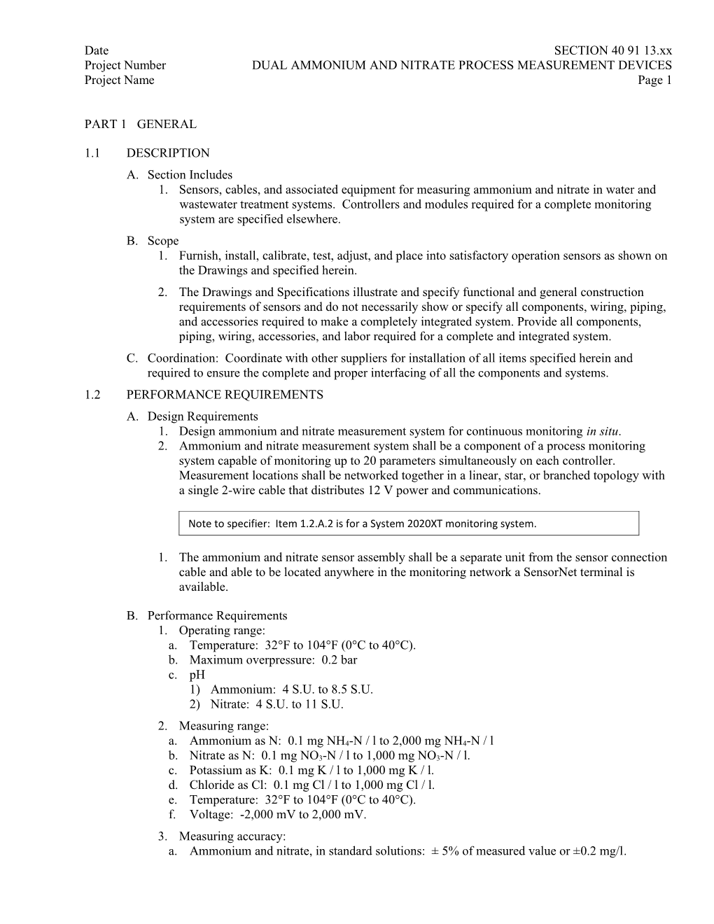 Project Numberdual AMMONIUM and NITRATE PROCESS MEASUREMENT DEVICES