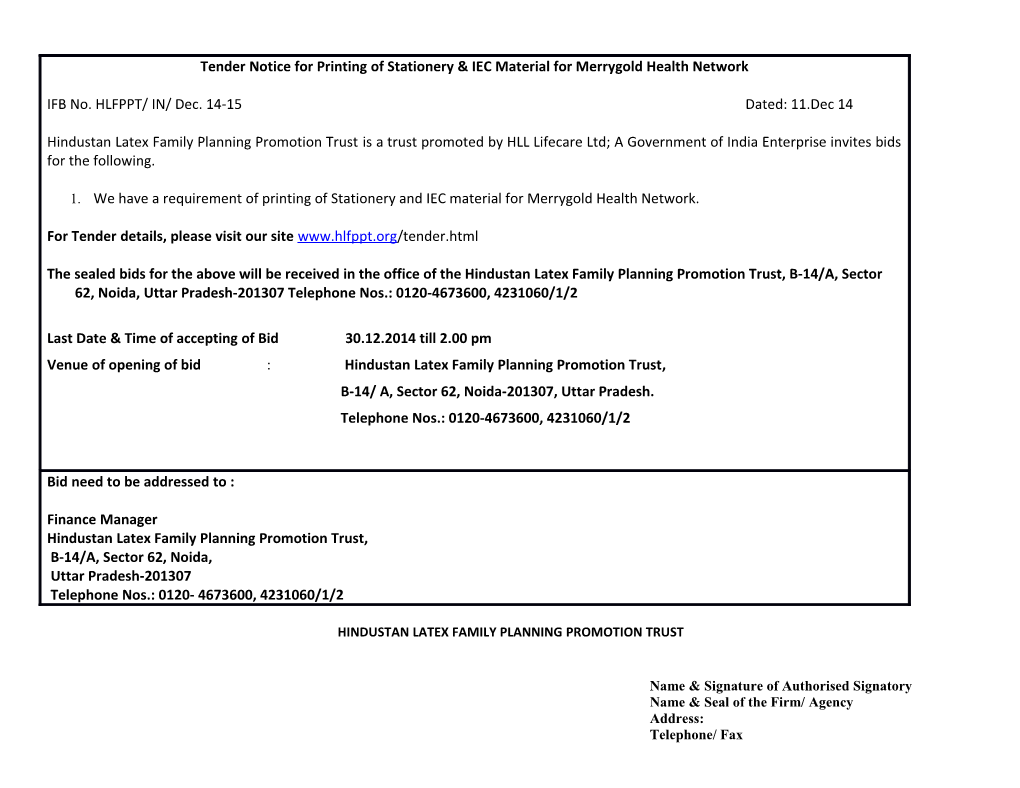 Tender Notice for Printing of Stationery & IEC Material for Merrygold Health Network