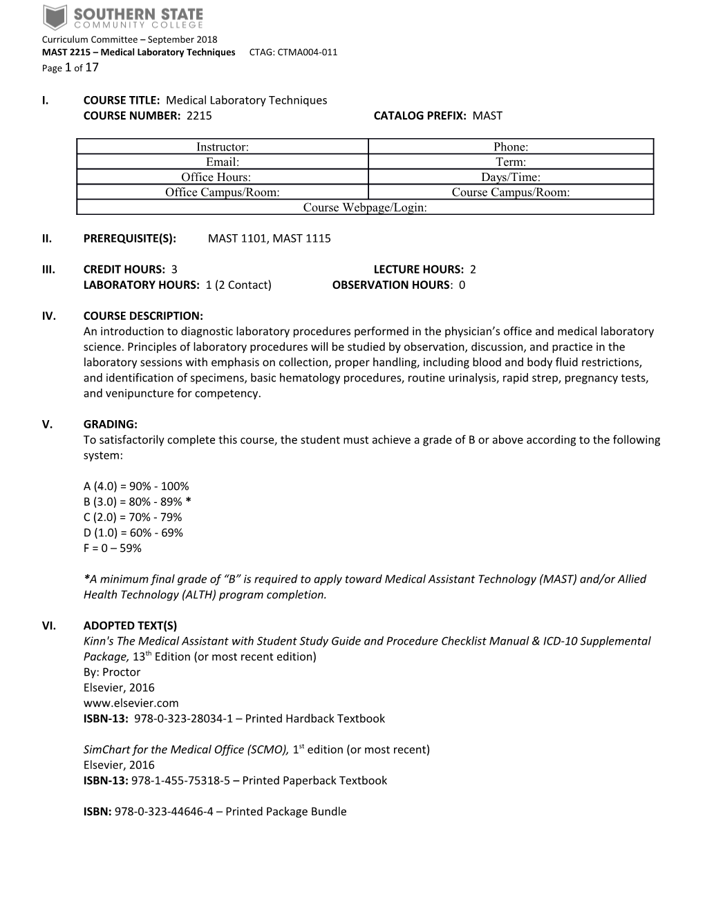 MAST 2215 Medical Laboratory Techniques