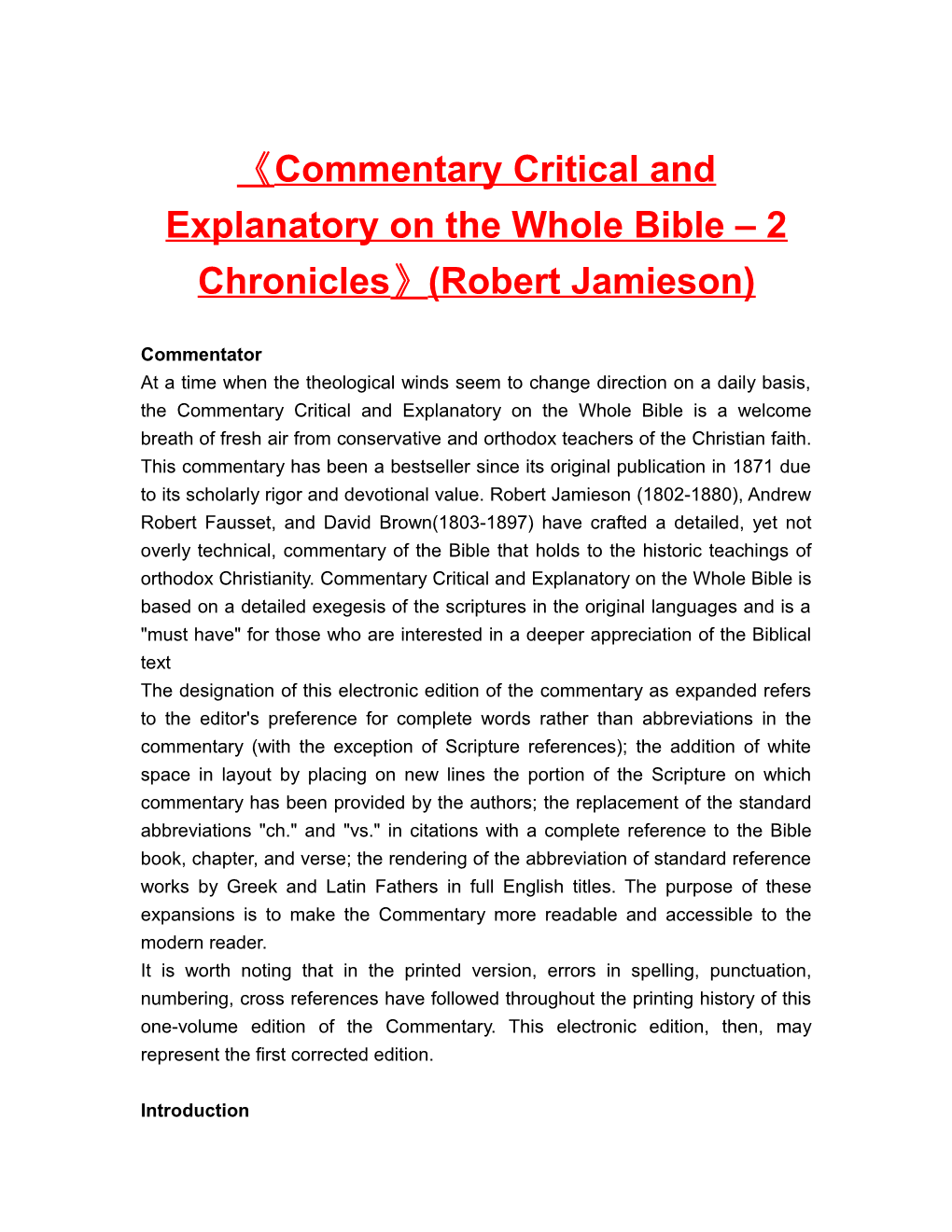Commentary Critical and Explanatory on the Whole Bible 2 Chronicles (Robert Jamieson)