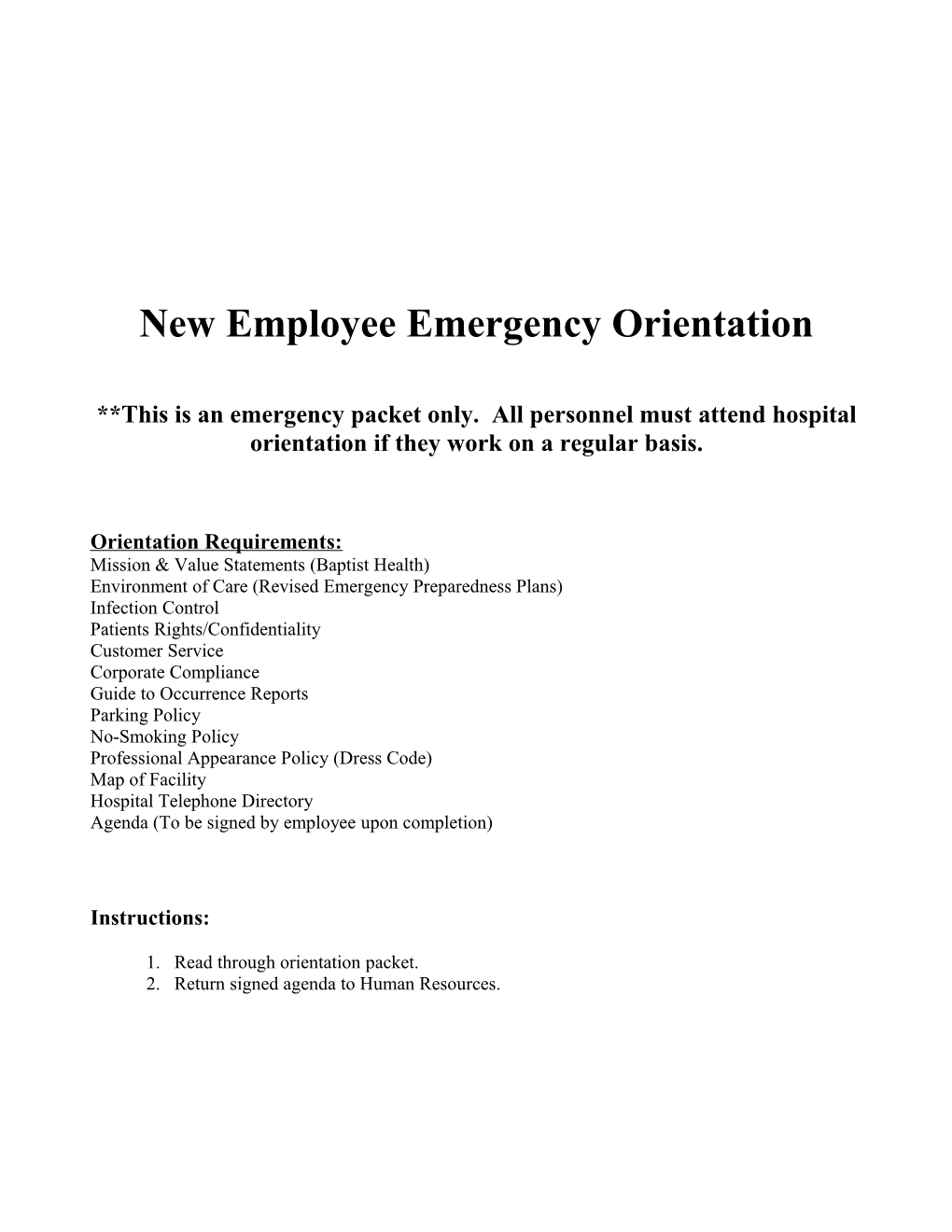 New Employee Emergency Orientation